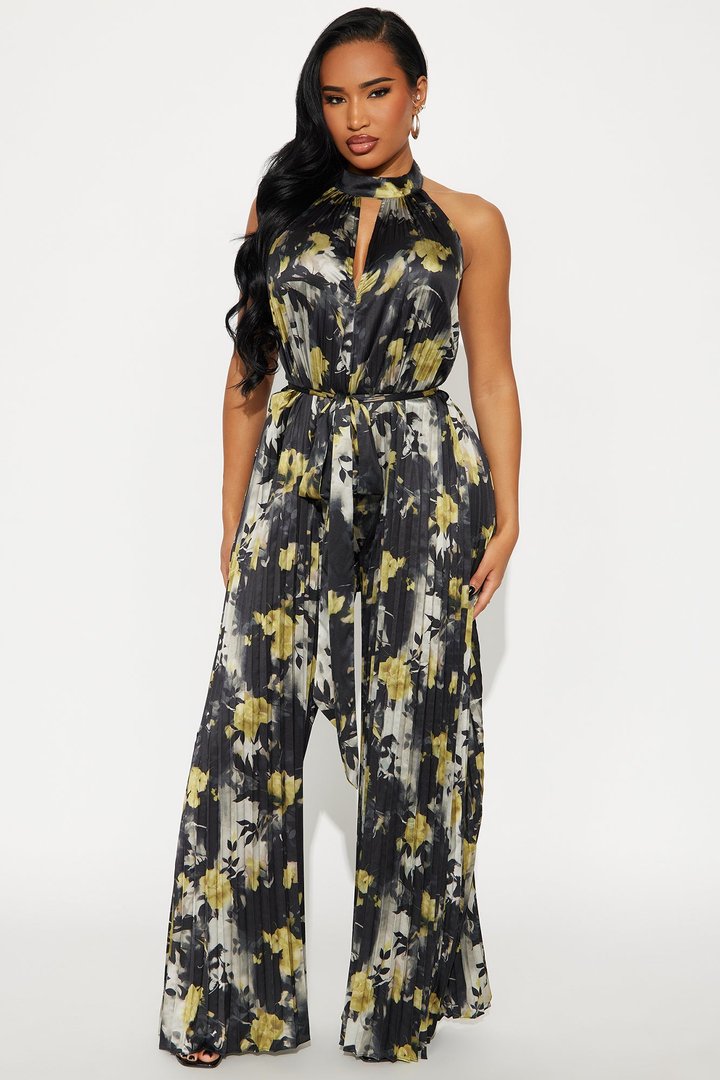 So Fancy Floral Satin Halter Jumpsuit - Black/combo