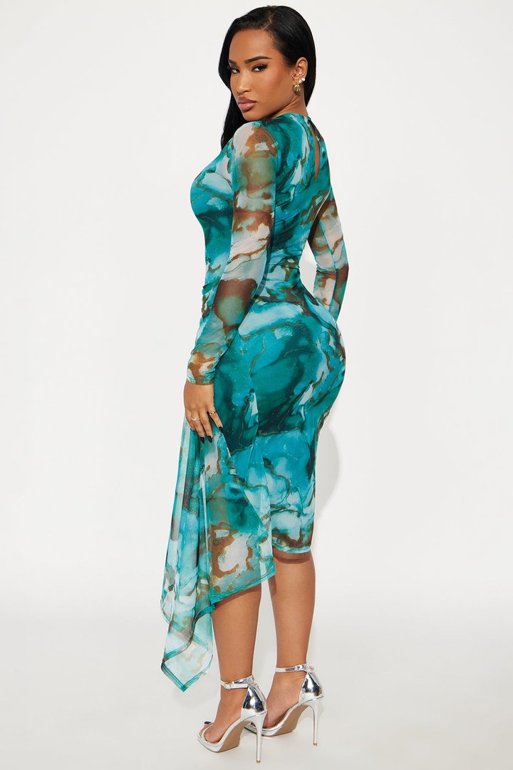 Millie Draped Marble Mesh Midi Dress - Teal/combo