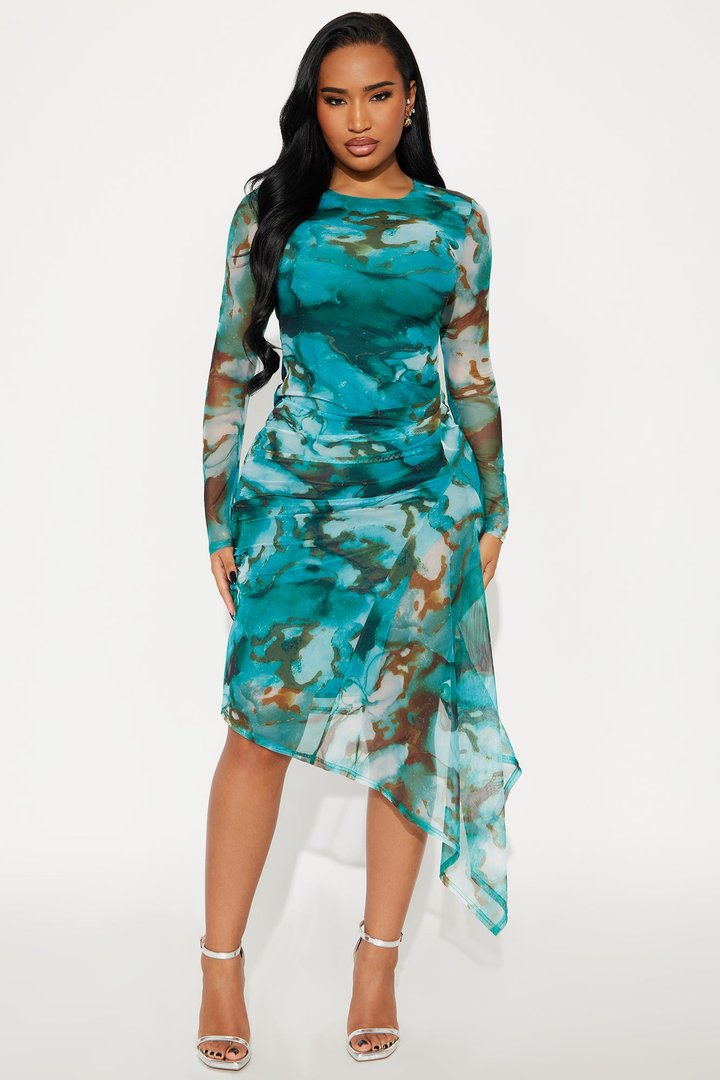 Millie Draped Marble Mesh Midi Dress - Teal/combo