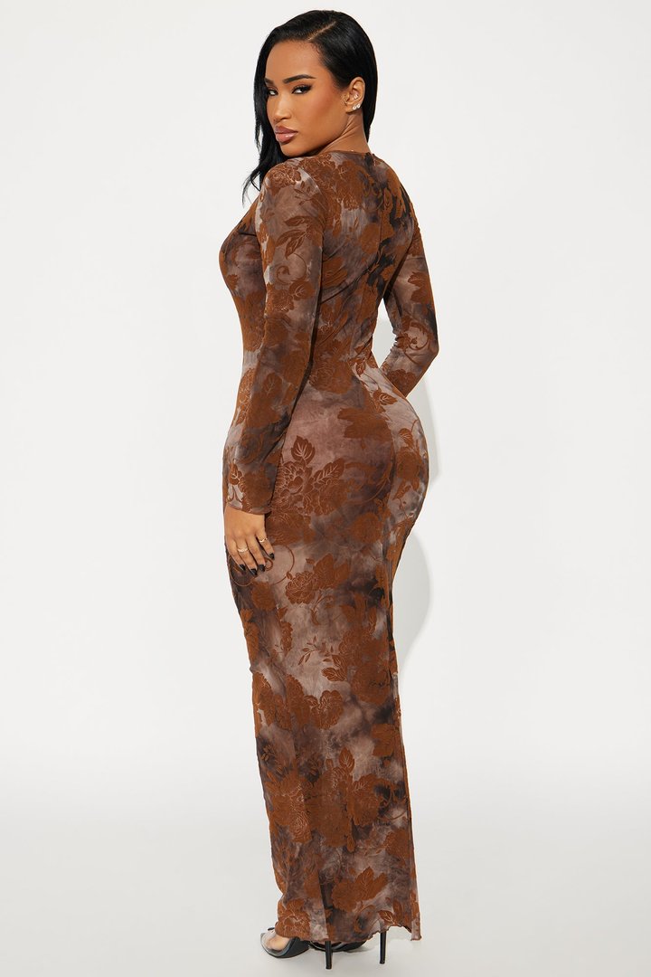 Let's Get Lost Flocked Floral Maxi Dress - Brown