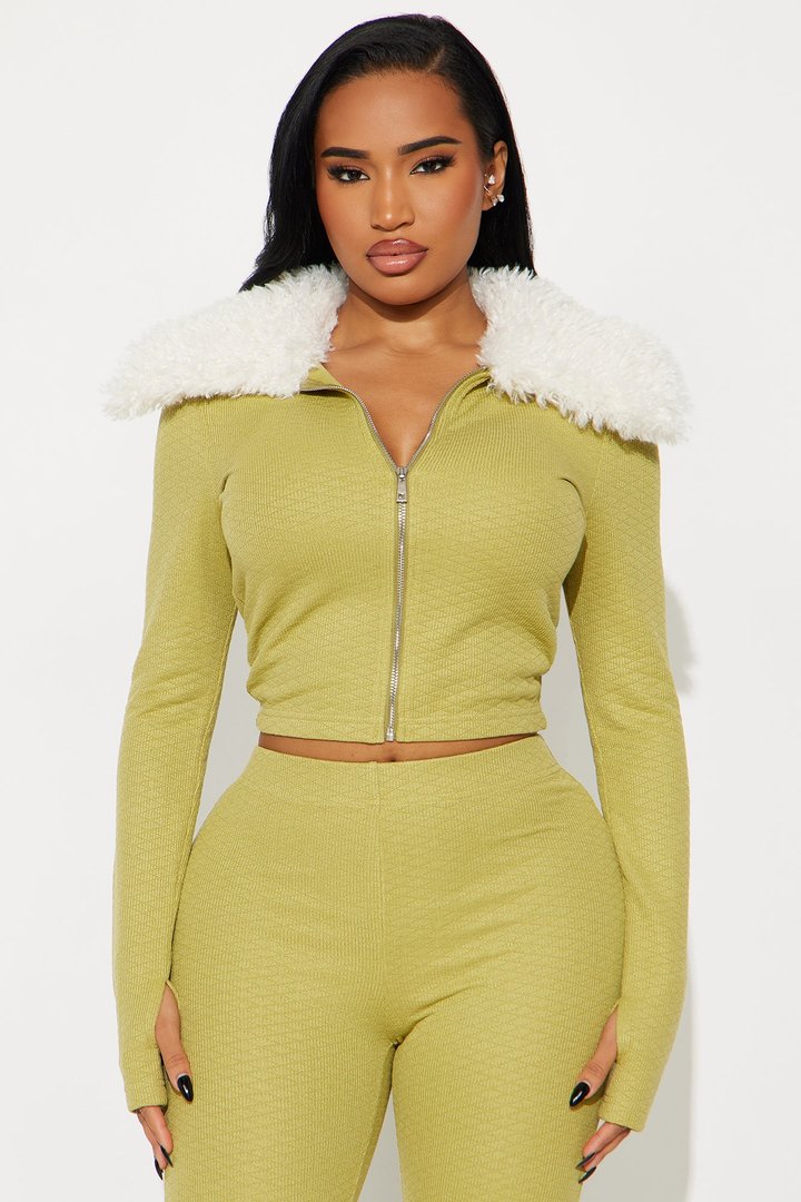 Daphne Faux Fur Trim Pant Set - Chartreuse
