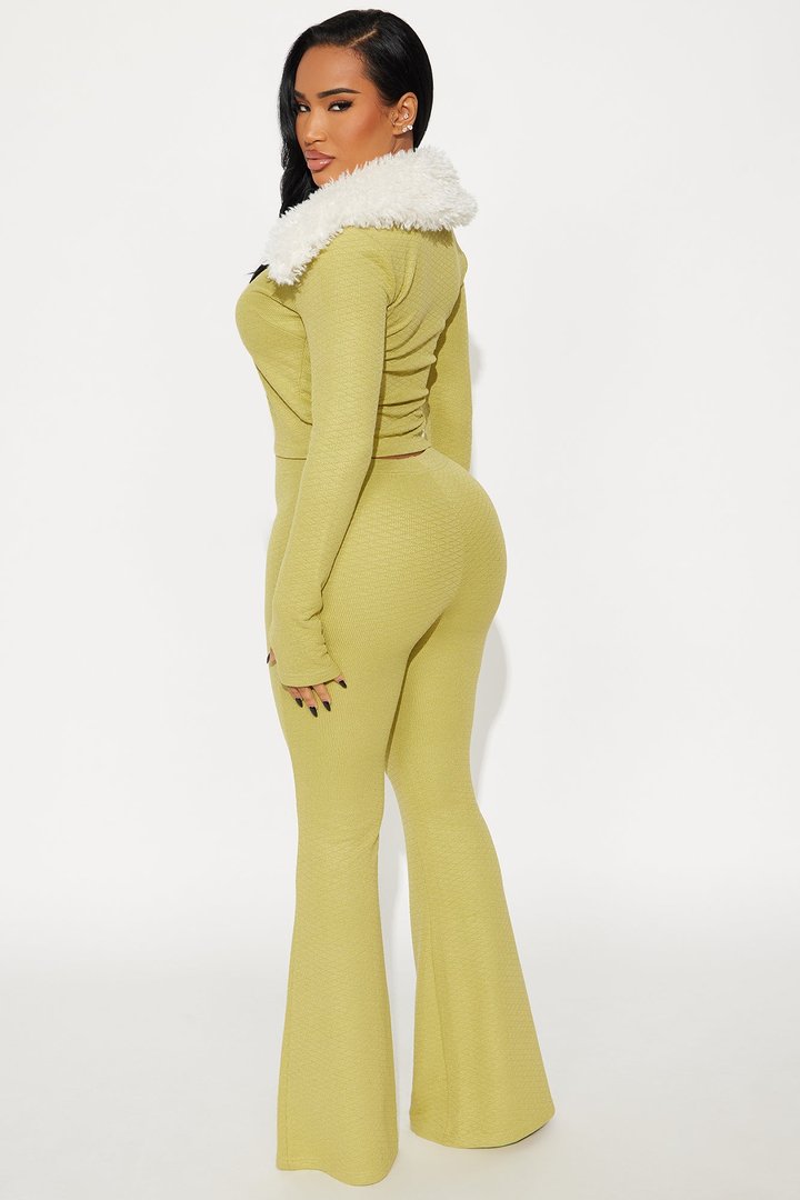 Daphne Faux Fur Trim Pant Set - Chartreuse