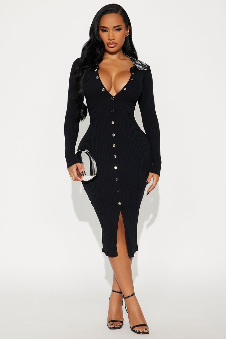 Maria Rhinestone Collar Sweater Midi Dress - Black