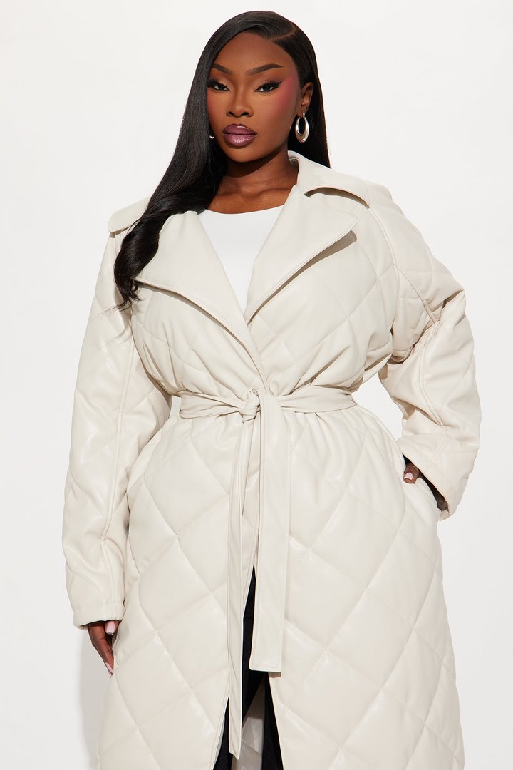Fabiola Quilted Faux Leather Trench Coat - Stone