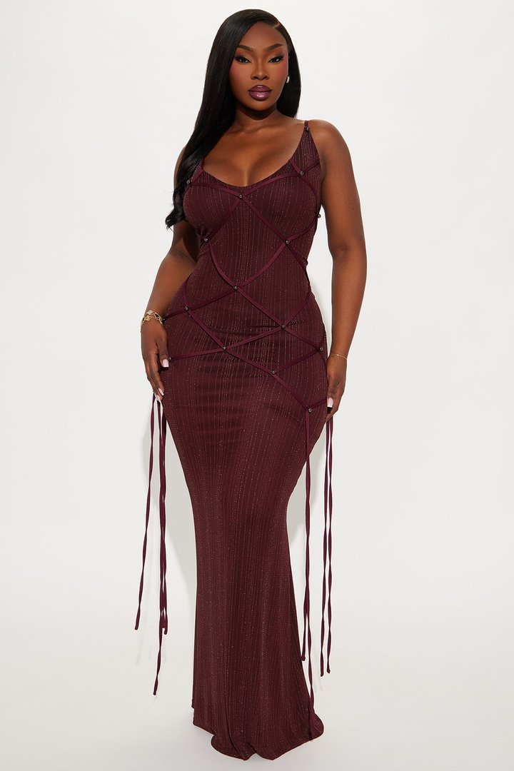 Brianne Glitter Mesh Stappy Maxi Dress - Burgundy