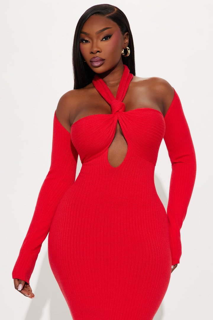 Liana Knot Sweater Midi Dress - Red