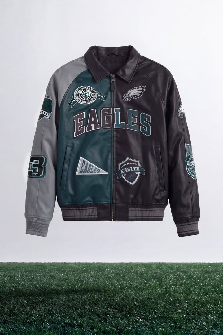 Eagles Marquee Star Faux Patent Leather Long Sleeve Varsity Jacket - Green