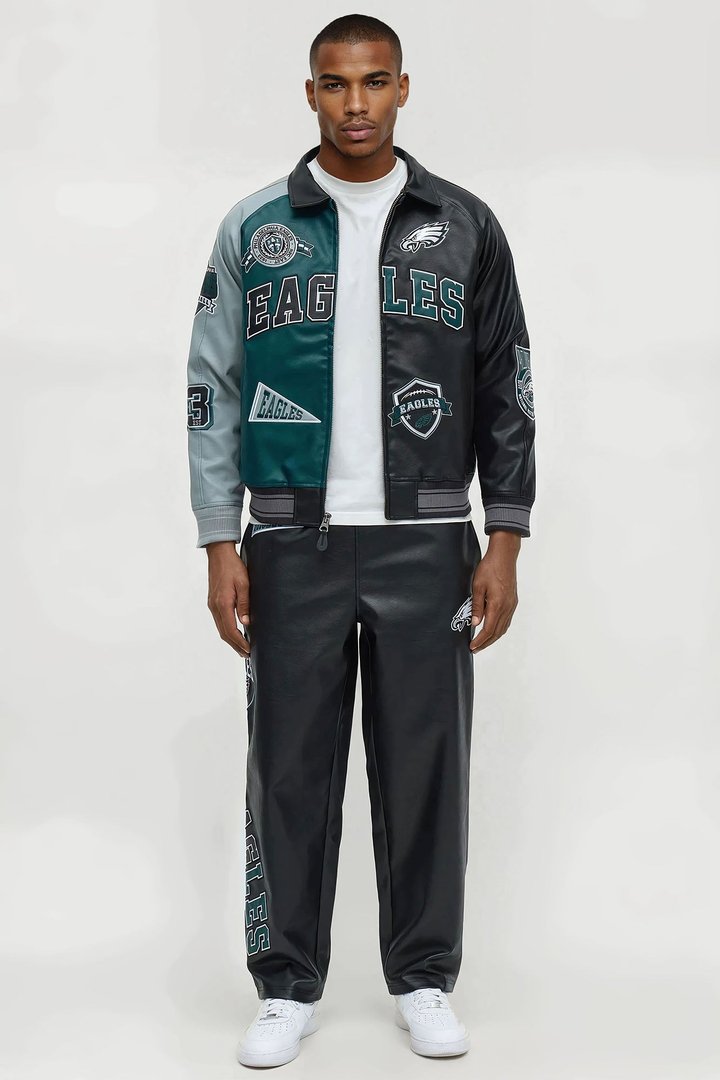 Eagles Marquee Star Faux Patent Leather Long Sleeve Varsity Jacket - Green