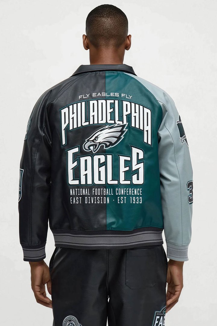 Eagles Marquee Star Faux Patent Leather Long Sleeve Varsity Jacket - Green