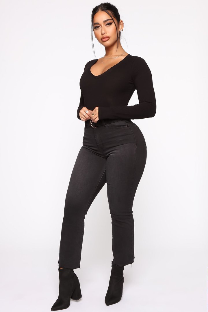 No Brainer Long Sleeve V Neck Tee - Black