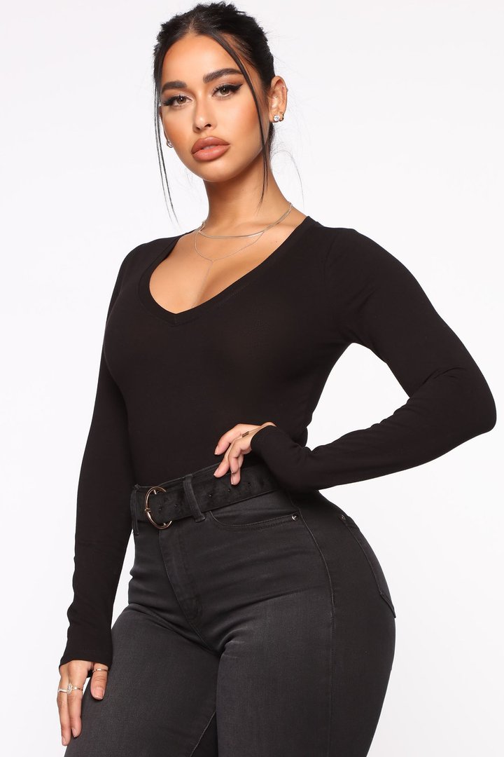 No Brainer Long Sleeve V Neck Tee - Black