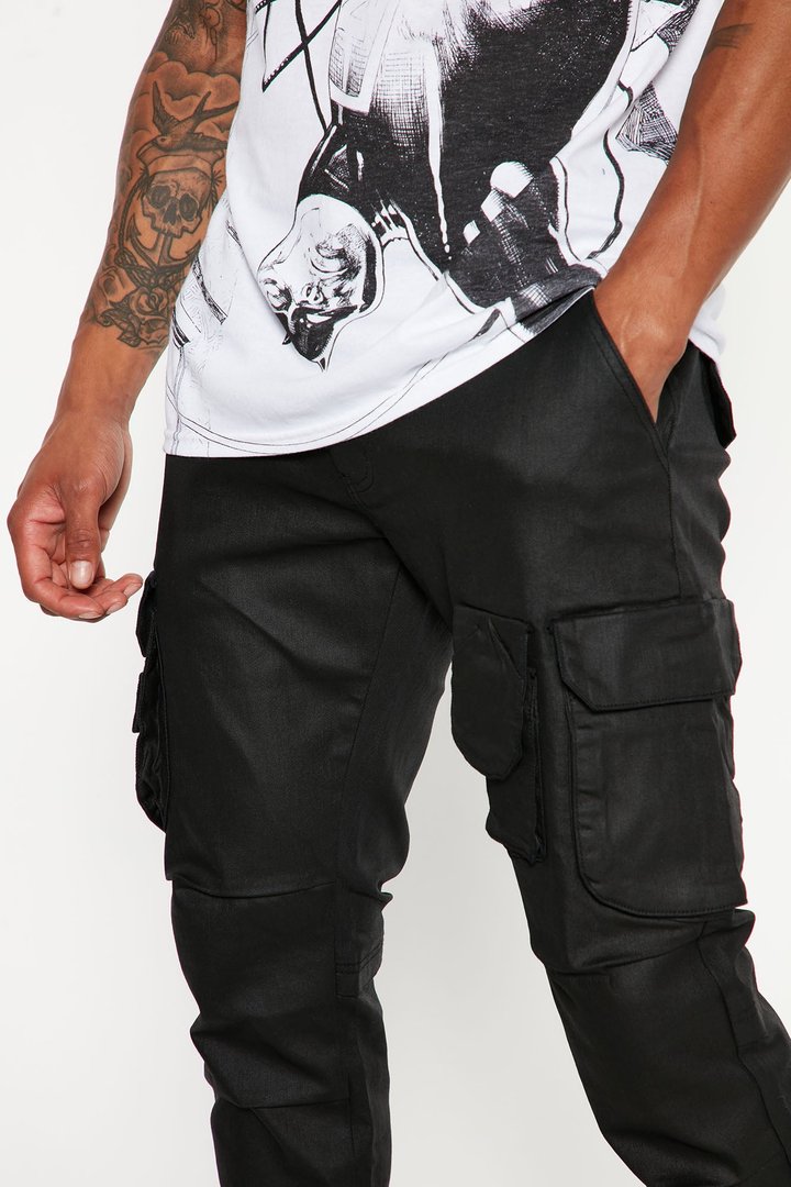 Flap Pockets Waxed Stacked Skinny Cargo Jeans - Black