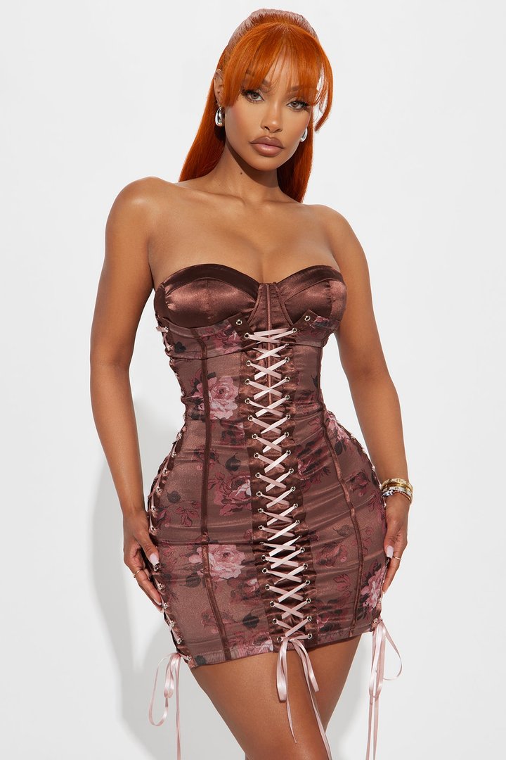 Monet Floral Lace Up Mini Dress - Brown