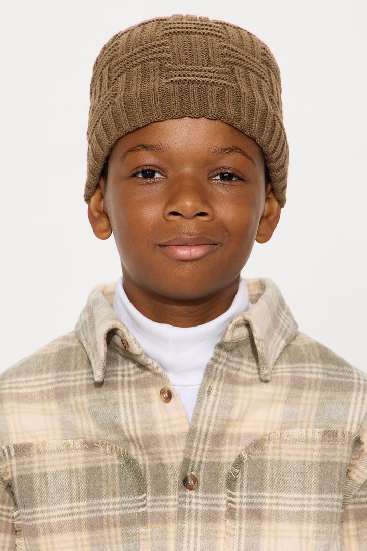 Mini Interlocking Knit Rib Lined Skull Fit Beanie - Brown