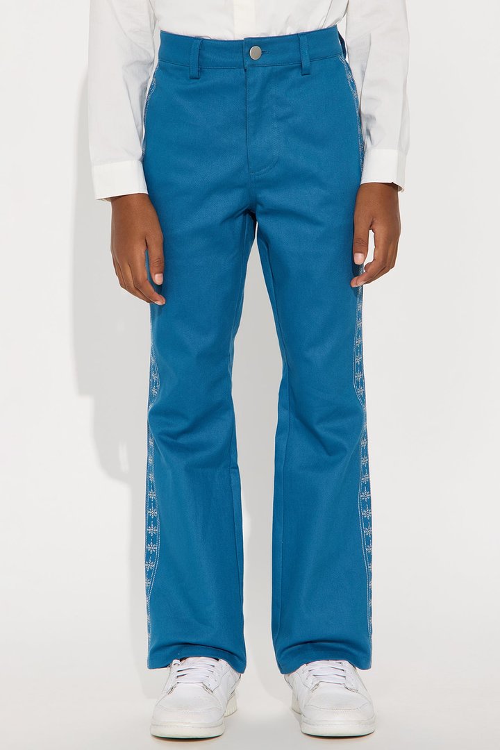 Mini Stacked Slim Flare On A Loop Embroidered Stitch Pant - Blue