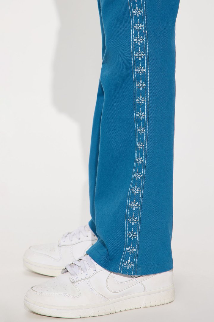 Mini Stacked Slim Flare On A Loop Embroidered Stitch Pant - Blue