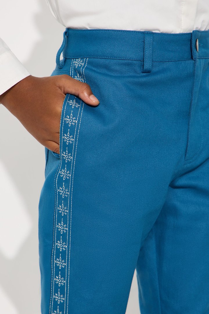Mini Stacked Slim Flare On A Loop Embroidered Stitch Pant - Blue