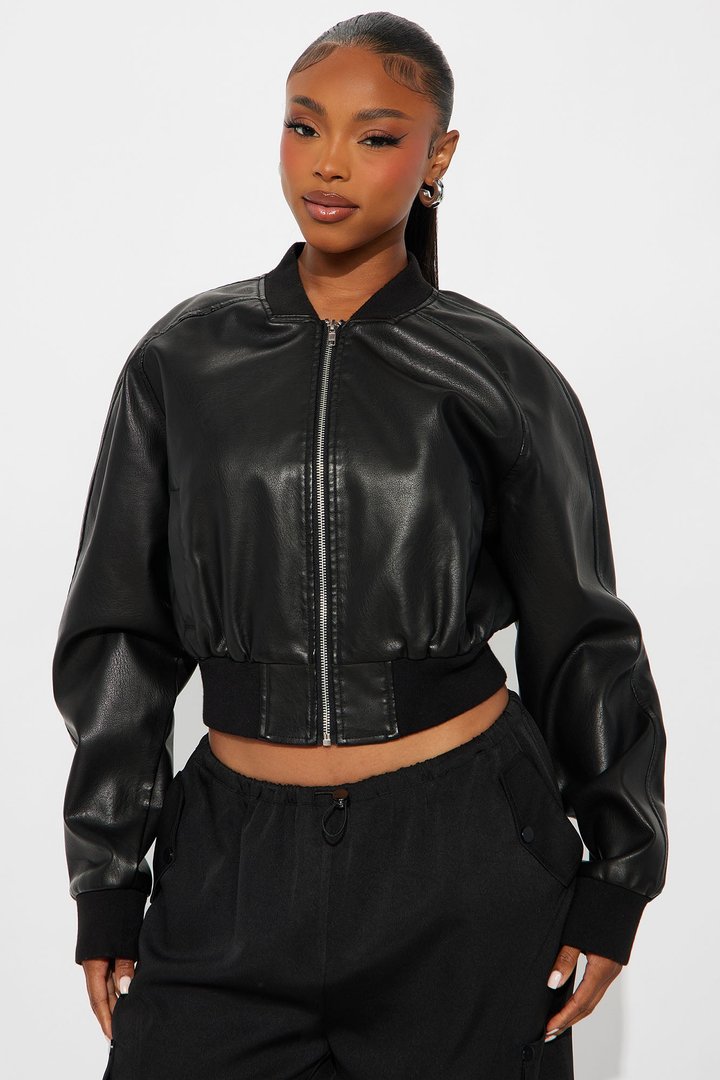 Reese Cropped Faux Leather Bomber Jacket - Black