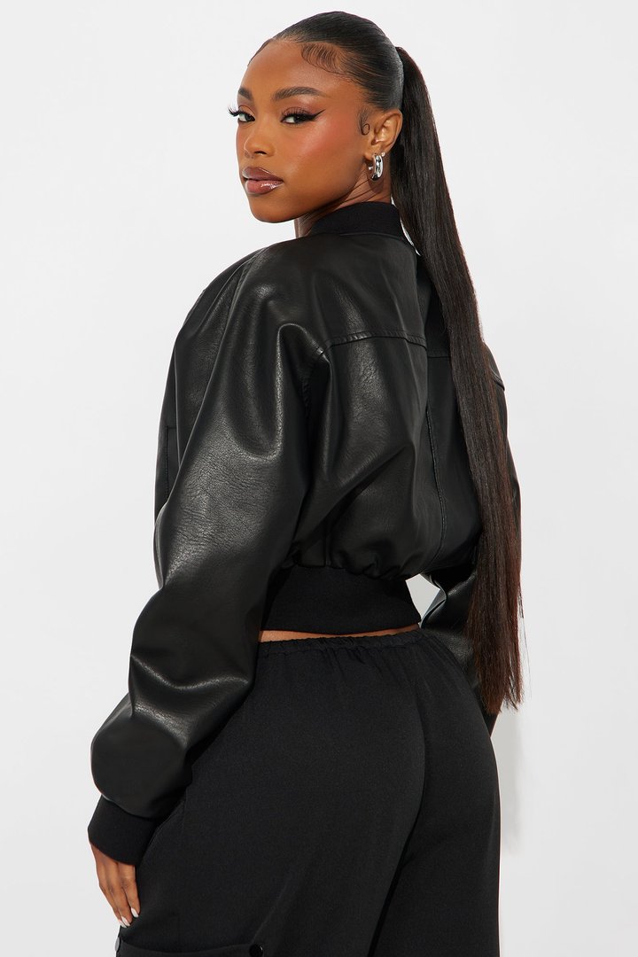 Reese Cropped Faux Leather Bomber Jacket - Black