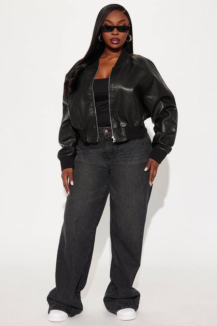 Reese Cropped Faux Leather Bomber Jacket - Black