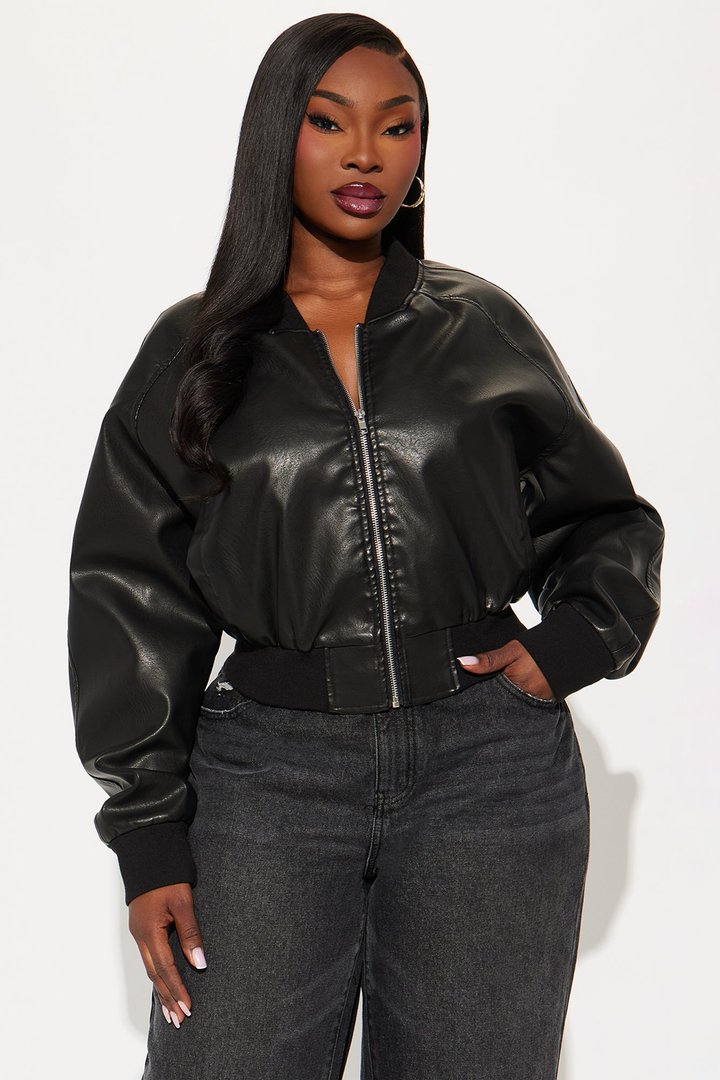 Reese Cropped Faux Leather Bomber Jacket - Black