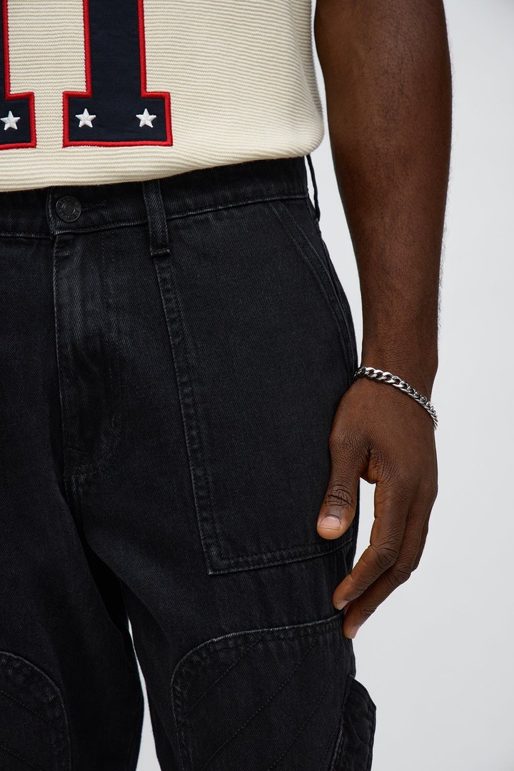 Relaxed Straight Paneled Cargo Jean - Black Wash