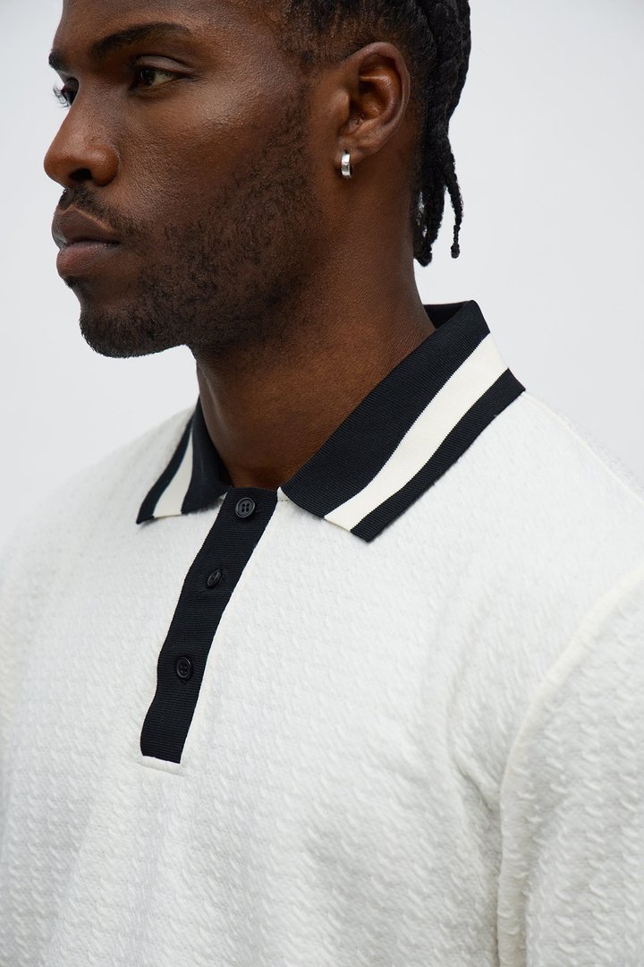 Andrew Textured Knit Long Sleeve Polo - Cream/combo