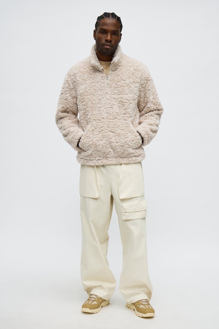 Relaxed Quarter Zip Faux Fur Jacket - Cream