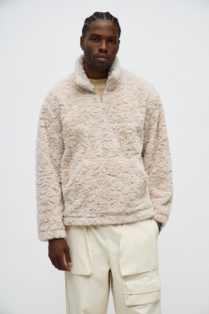 Relaxed Quarter Zip Faux Fur Jacket - Cream