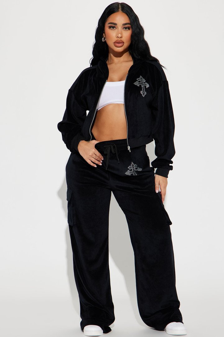 Saint Rhinestone Velour Pant Set - Black