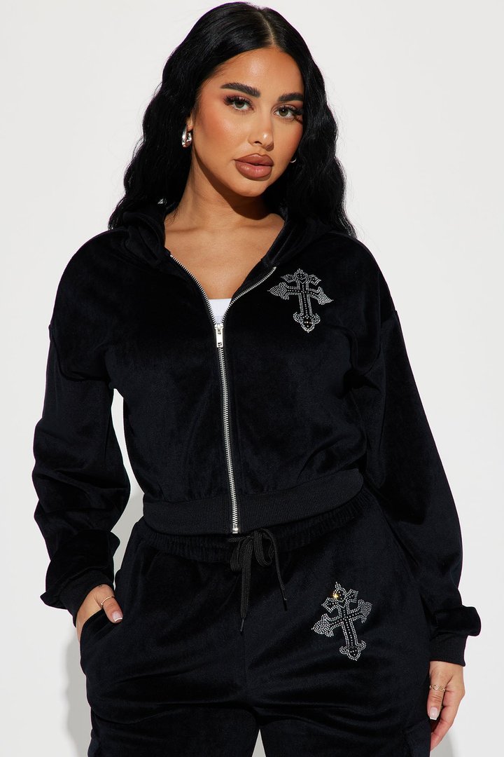 Saint Rhinestone Velour Pant Set - Black