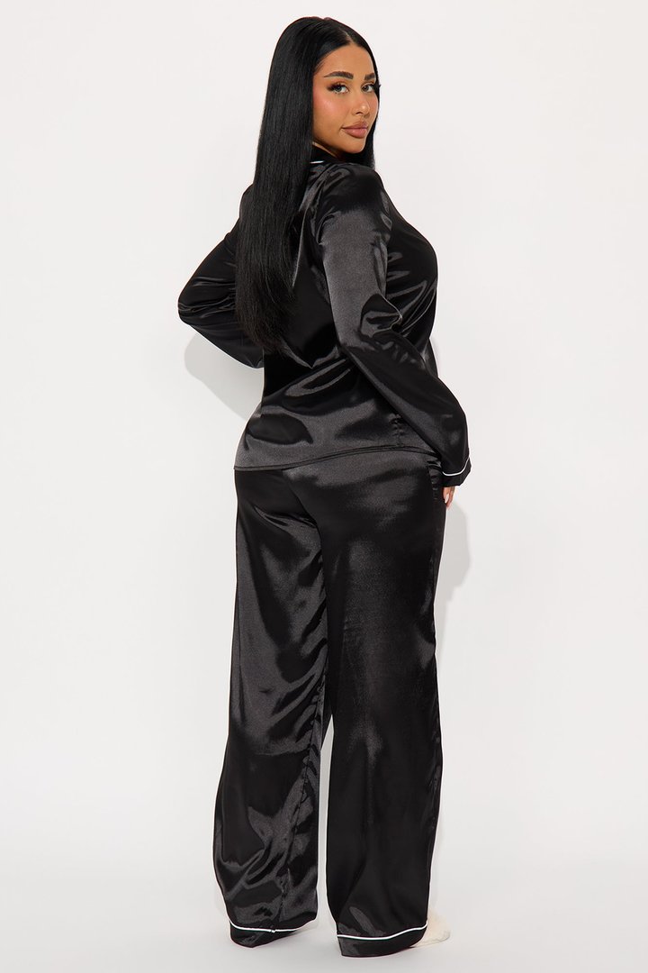 Bedtime Stretch Satin Long Sleeve PJ Pant Set - Black