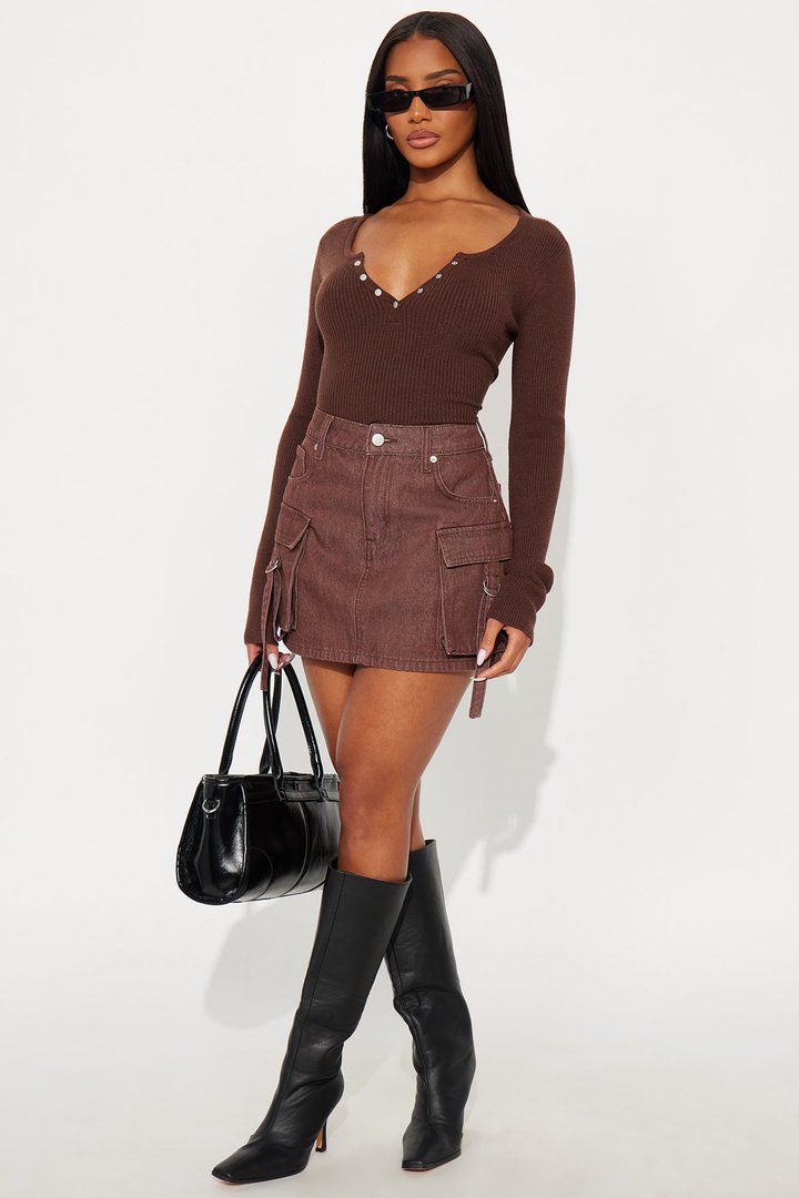 Laurita Henley Sweater Top - Chocolate
