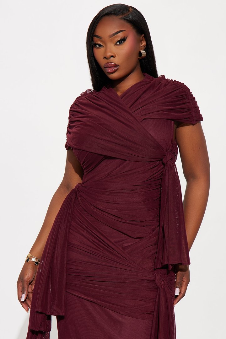 Darcy Draped Mesh Midi Dress - Burgundy