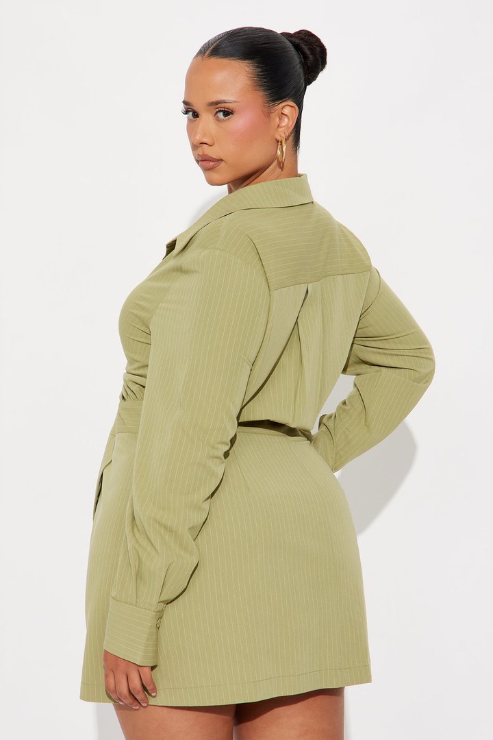 Full Schedule Pinstripe Mini Dress - Sage