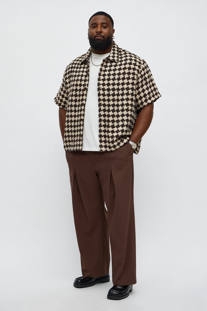 Boxy Cropped Mosaic Button Up Shirt - Brown