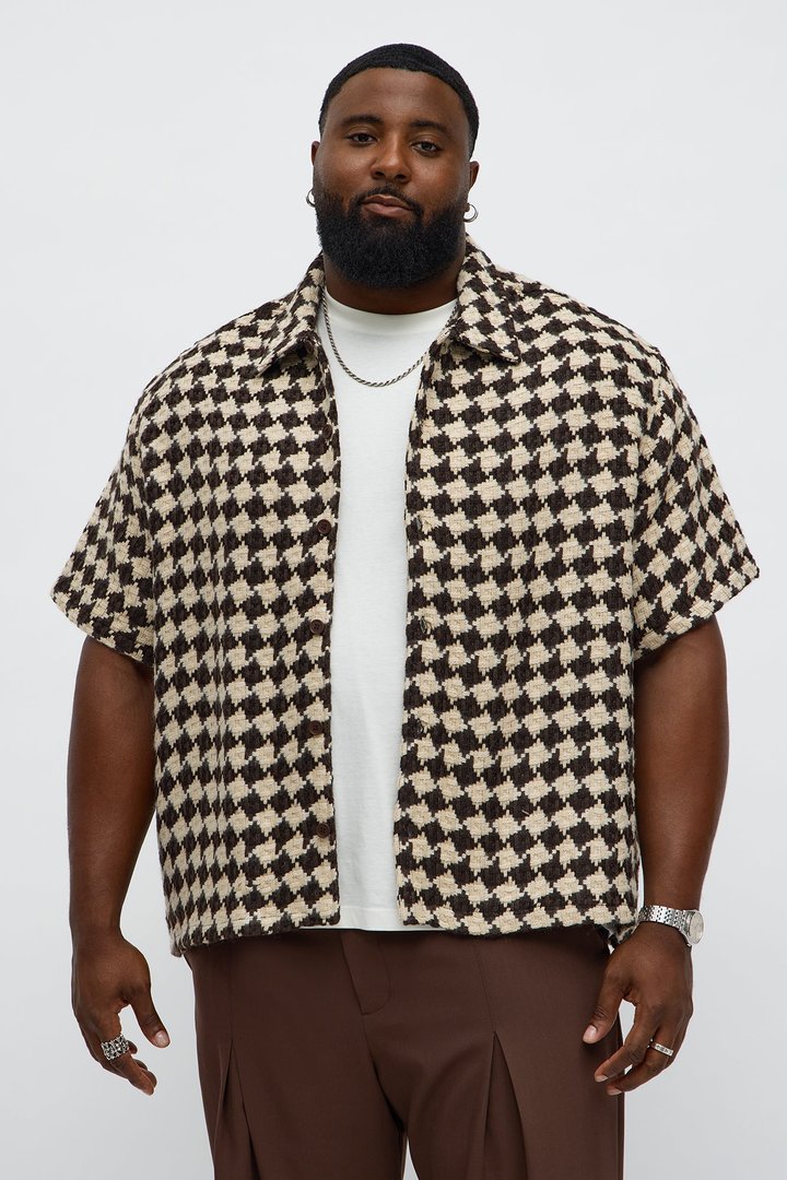Boxy Cropped Mosaic Button Up Shirt - Brown