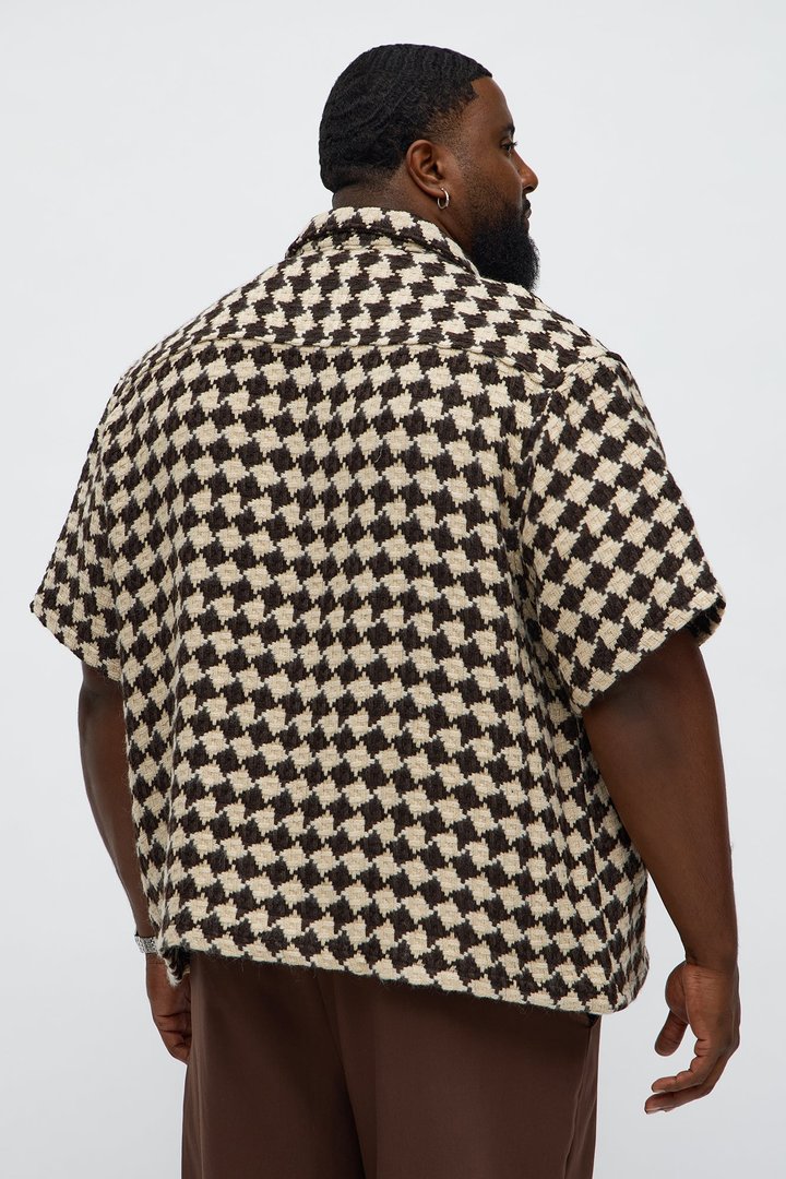 Boxy Cropped Mosaic Button Up Shirt - Brown