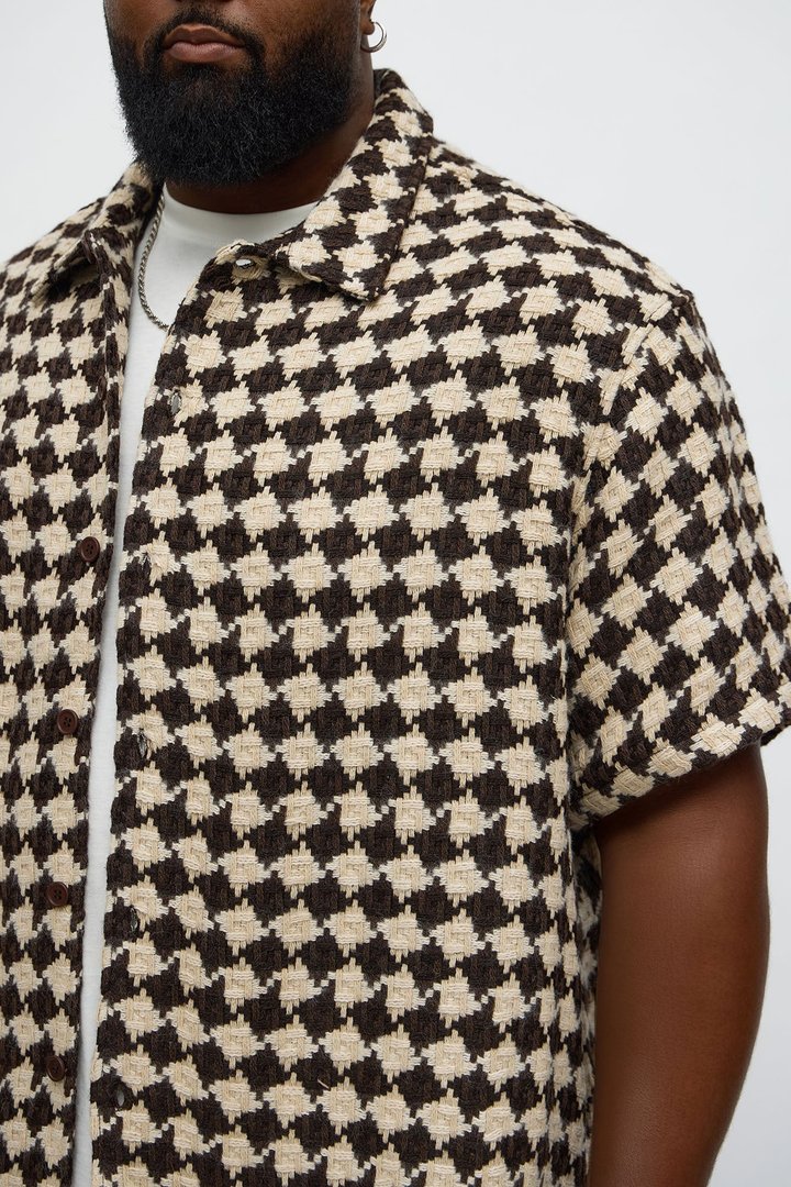 Boxy Cropped Mosaic Button Up Shirt - Brown
