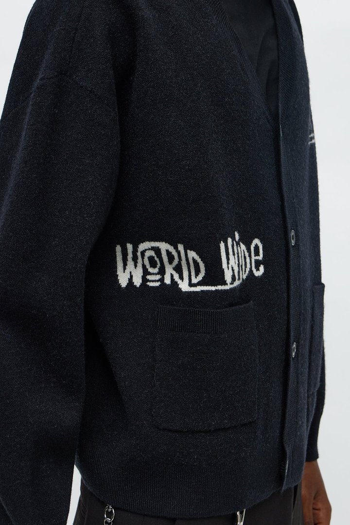 Cropped Clover Academic Sweater Cardigan - Black