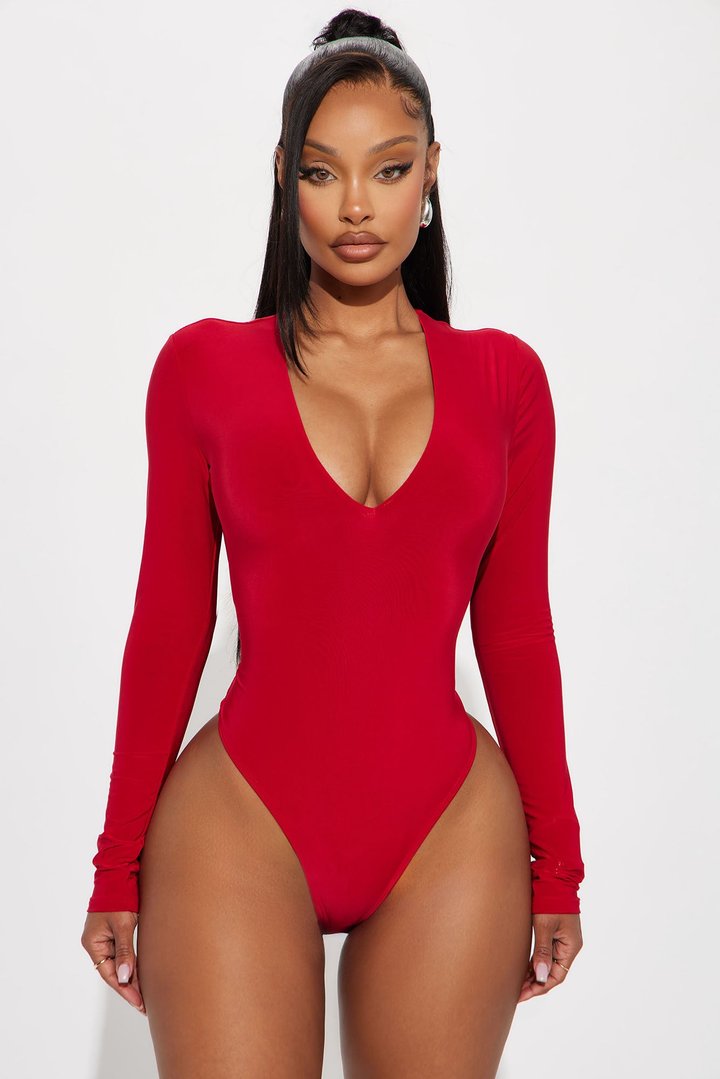 Take The Plunge Lined Long Sleeve Bodysuit - Red