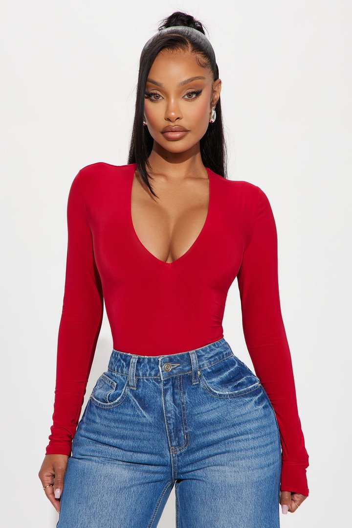 Take The Plunge Lined Long Sleeve Bodysuit - Red