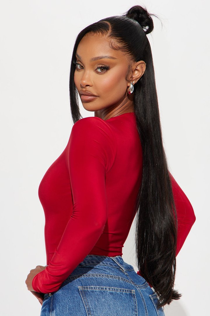 Take The Plunge Lined Long Sleeve Bodysuit - Red