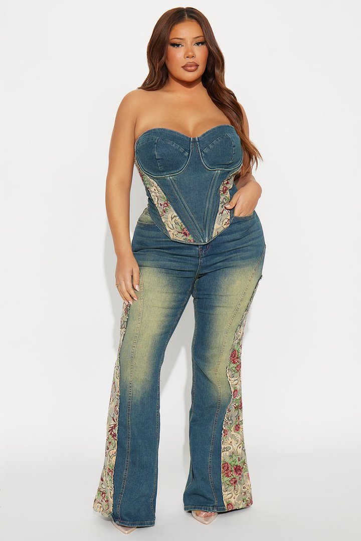 Amari Floral Tinted Bell Bottom Jeans - Dark Wash