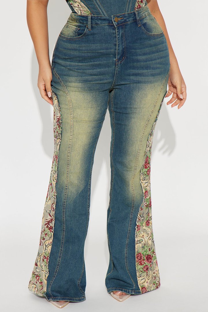 Amari Floral Tinted Bell Bottom Jeans - Dark Wash