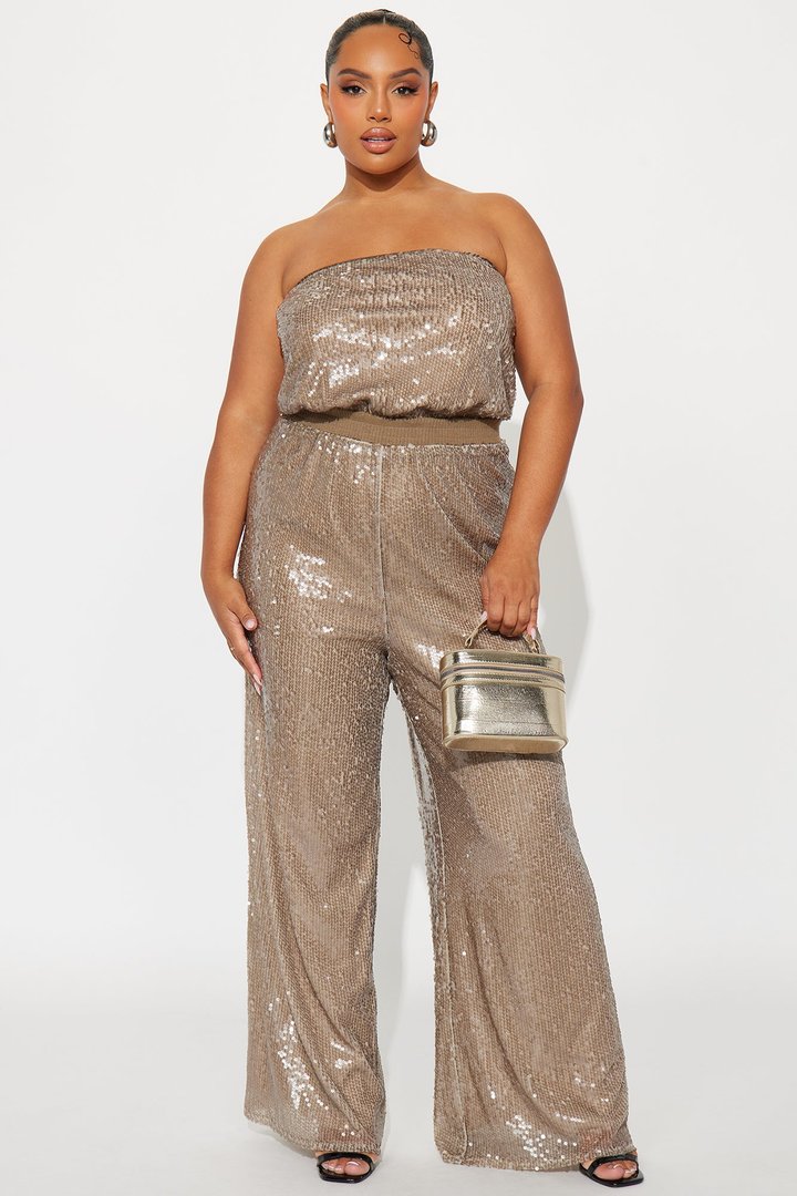 Shiny Nights Sequin Strapless Jumpsuit - Taupe