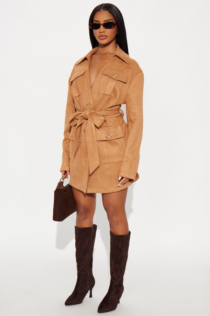 Tessa Tie Waist Faux Suede Mini Dress - Camel