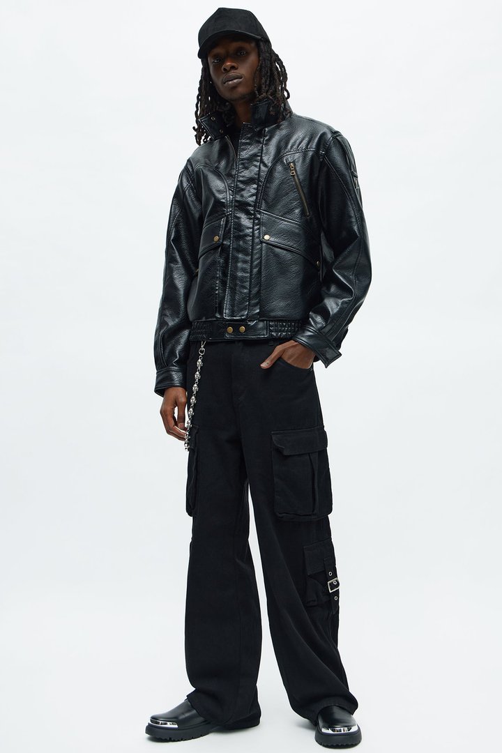 Cropped Elevated Moto Faux Leather Jacket - Black