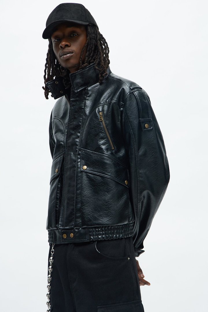 Cropped Elevated Moto Faux Leather Jacket - Black