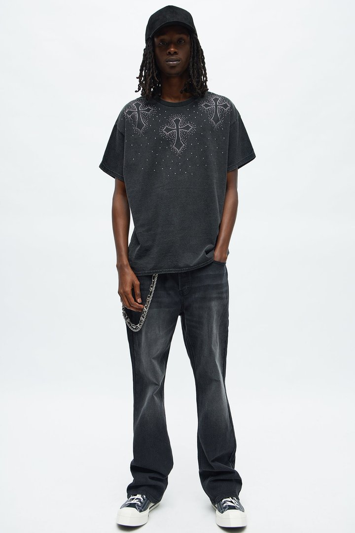 Cross Rhinestones Oversized Short Sleeve Tee - Black